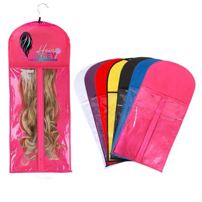 China Recyclable Logo Wig Packaging Bag Luxury Customized Holographic Plastic Hair Extension Bag PVC Hair Storage Bag With Hanger for sale