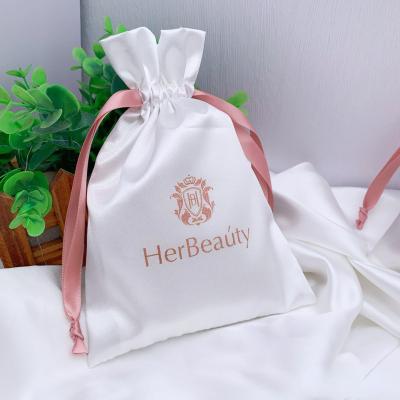 China Soft Logo Printed Satin Underwear Lingerie Pouch Recyclable Custom Drawstring Gift Wrapping Dust Soft Satin Hair Bag for sale