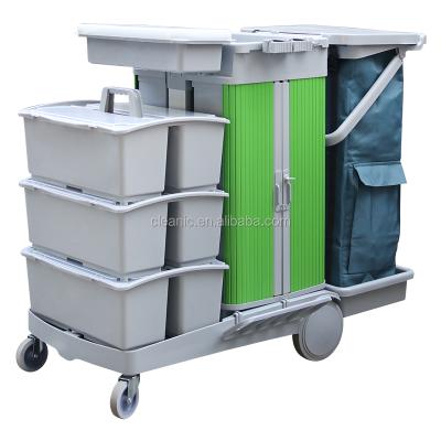 China Commercial High Quality Plastic Flat Wiping Cleaning Rack General Cleaning Cart 3 Shelves Trolley Storage Cabinet for sale