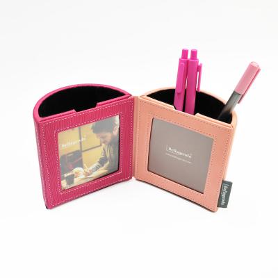 China Photo Frames Stationary PU Circle Pencil Cup Holder With Photo Frame for sale