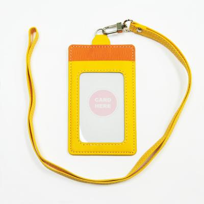 China PU or Neck Pass ID Card Genuine Leather Badge Holder with Cocking Rope String for sale