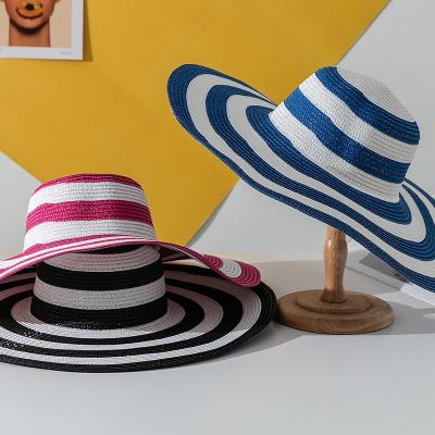 China Wholesale Women Summer Sombreros De Paja Dobby Beach Sun Hat Oversized Wide Brim Striped Straw Hat for sale