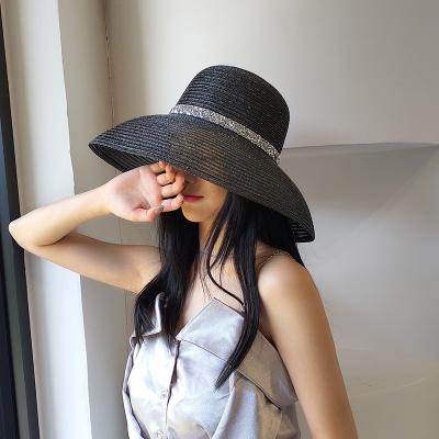 China Wholesale striped summer copa beach sombrero hat straw ladies bling wide rhinestone brim straw hats summer women for sale