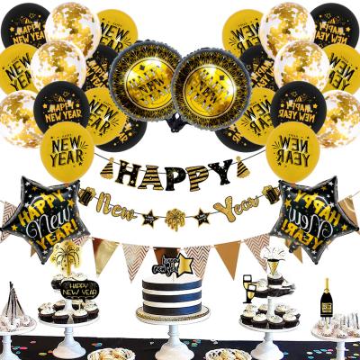 China Eco-Freindly 2022 Happy New Years Party Decoration Balloon Set Gold and Black Printed Latex Balloon for Party Decoration for sale