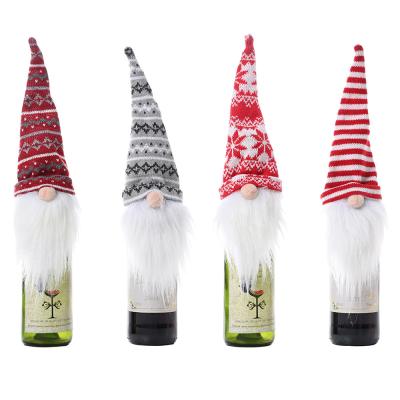 China Christmas Decoration Amazon Striped Snowflake Knitted Forest Santa Dolls Gnomes Christmas Wine Bottle Cover Bags For Holiday Party Decorations for sale