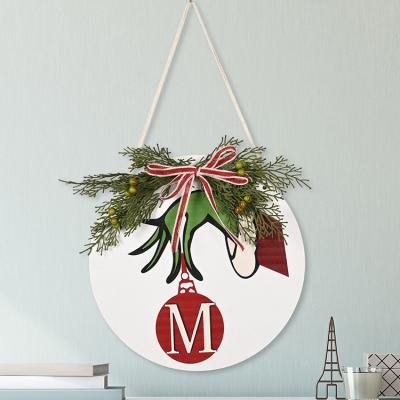 China Eco-Freindly Christmas Door Sign Decoration Wood Carved Hanging Christmas Ornaments Grinch Wooden Household Garland Pendant for sale