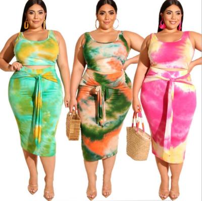 China Breathable border summer new tie-dye print buttocks tight fashion casual suit plus size two piece women for sale