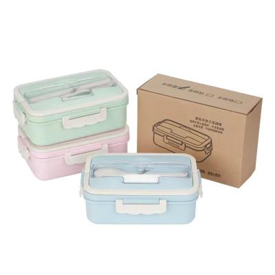 China Viable Microwavable Wheat Straw and Leakproof PP Lunch Box Tiffin Bento 3 Compartments with Cutlety Set for sale