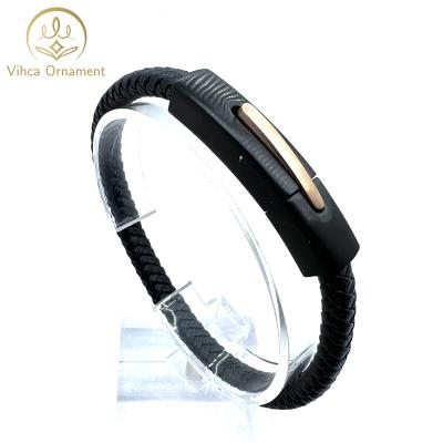 China TRENDY Simple Style Woven Rope Leather Elastic Button Leather Bracelet for sale