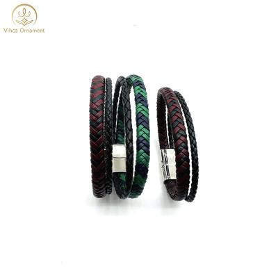 China High Quality Fashion Double Woven Leather Rope With Simple Style Magnet Buckle Wristband Leather Strap for sale