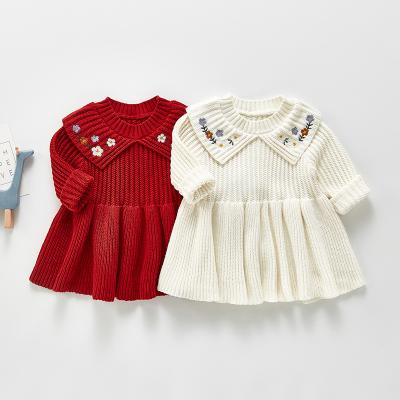 China New Anti-wrinkle Baby Girl Sweater Knitted Warm Casual Pure Color Pleated Princess Infant Dress Kids Sweater Dress Embroidery Girls Dress for sale