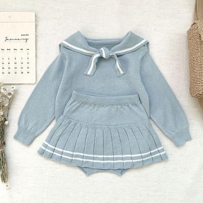 China 2022 Breathable Baby Knitted Suit Spring Autumn Cardigan Sweater +Short Set Pure Color Cute Baby Collar Navy Knitting Clothes for sale