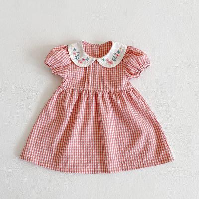 China OEM Breathable Toddler Girls Dress Kids Clothes Babies Grid Dress Kids Short Sleeve Embroidery Dress Kids Summer Fashion Clothes for sale