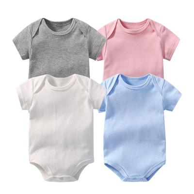 China Polyester/Cotton OEM Infant Baby Clothes Solid Color Newborn Overalls Cotton Rompers Infants Boy Girls Short Sleeve Summer Baby Rompers for sale