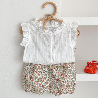 China Breathable Summer Newborn Babies Clothes Suits Cotton Shirt+Floral Print Shorts Sleeveless Toddler Babies Clothing Sets for sale