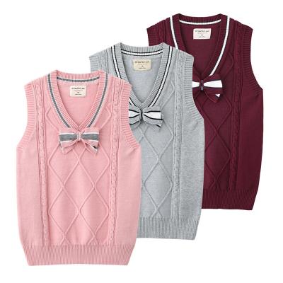 China 2022 Spring Autumn Kids Baby Girl Knitted Bow Tie V-Neck Cotton Girls School Uniforms Sweater Vest Children's Breathable Sweaters for sale