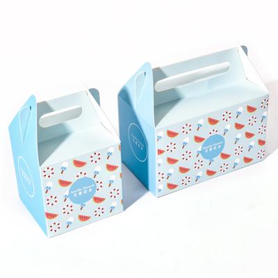 China 2021 Hot Selling Recycled Materials Blue Cake Box With Handle Custom Paper Box With Lovely Blue Cartoon for sale