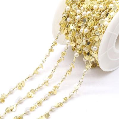 China Brass+Pearl Fashion 18K Gold Plated Brass Bead Chain Roll For Bracelet Necklace Jewelry DIY Accessories for sale