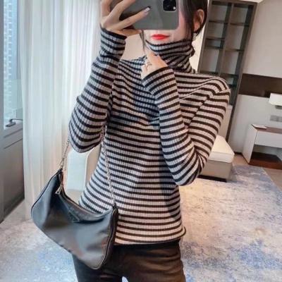 China Breathable High Neck Fashion Pullover Sweater Knitwear Striped Sweaters For Women for sale