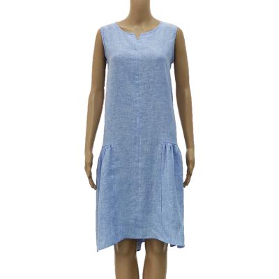 China Breathable Blue 100% Natural Canvas O-Neck Pleat Summer Casual Dresses Sleeveless Women for sale