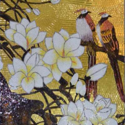 China Beautiful Parquet Gold Bird Mural Tile Decorative Glass Mosaic Wall Slab for sale