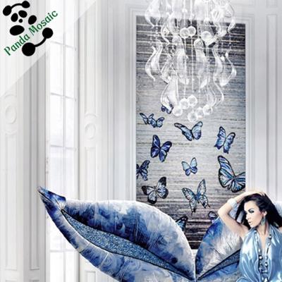 China Handmade Mosaic Butterfly Picture Butterfly Pmbu01 Parquet Floor Slab Living Room Decor Mid-strip Glass Wall Art Murals for sale