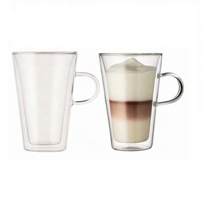 China Viable Glass 16 Ounce Double Wall 1-Pieces Coffee Cup Set Insulated Glass Latte Cappuccino Espresso Glassware With Handle for sale