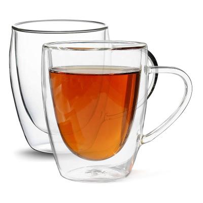 China Viable Double Wall Insulated Glass Mugs With Handle For Cappuccino Tea Latte Cream Americano And Beverage for sale