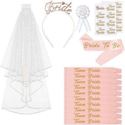 China Factory Wholesale Satin/Alloy Bride To Be Bridal Shower Party Kit Wedding Decorations Hen Party Veil Sash Cheap Tattoo Headband for sale