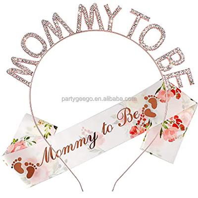 China Satin Mom To Be Sash Crystal Headband Gender Reveal Party Baby Shower Mom To Be Sash Party Supplies for sale