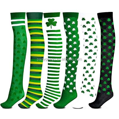 China White and Green Party Shamrock High Socks St Patrick's Day Women's Knee Thigh Polyester Thigh High Stripe Polyester Thigh High for sale