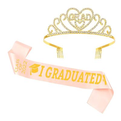 China Hot 2022 Bundles Satin/Alloy Sash Graduation Party Supplies Graduated Tiara Crown And Sash Black Gold White Graduated Decor for sale