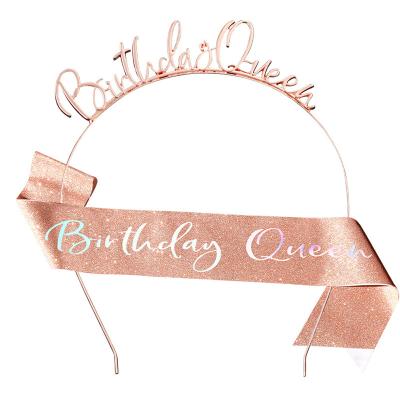 China Satin Rose Gold Birthday Party Queen Sash and Headband Set for sale