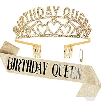 China Queen Sash and Queen Tiara Rose Gold Birthday Gifts Glitter +Alloy Birthday Sash Gifts for sale