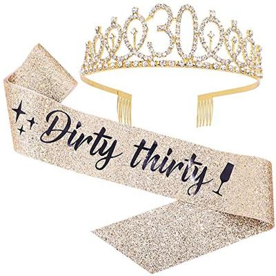 China Glitter+Metal 2 Pcs Thirty Birthday Sash Rhinestone Crown 30th Tiara Happy Birthday Decoration Glitter Sash For Women for sale