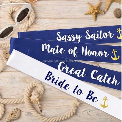 China Stain Blue Sassy Sailor Tending Products White Satin Bride To Be Sash For Wedding Decoration for sale