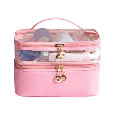 China Custom Makeup Brush Case Ziplock Two Compartments Decor Double Layer Packaging Durable Portable Clear Transparent Cosmetic Bag Bag for sale