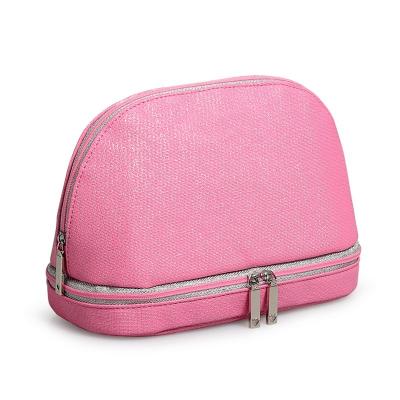 China Wholesale Fashionable Durable Ladies Compact Portable Pink Purple Light Blue Double Layer Zipper PU Glitter Cosmetic Bag for sale