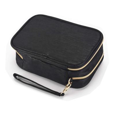 China New Design Durable Hot Sale Custom Double Layer Compartment Folding Metal Leather Cosmetic Zipper Bag PU Handle Portable Storage Bag for sale