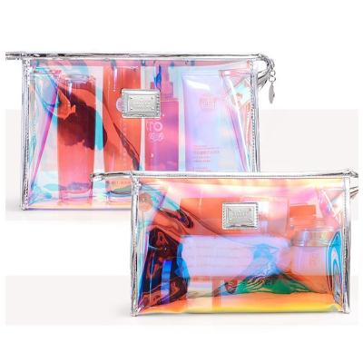 China Holographic Logo Iridescent Cosmetic Pouch Makeup Organizer Custom Durable PVC Personal Lockable Large Clutch Bag With Zipper for sale