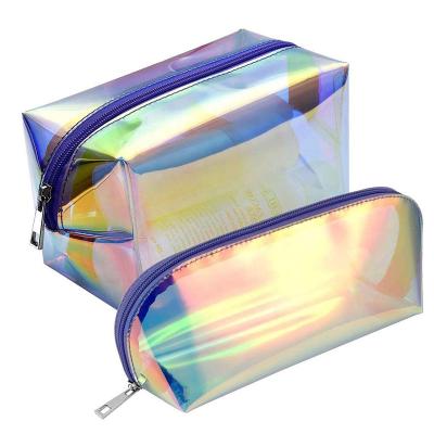 China Durable BSCI Sedex FAMA 2PC Sets Transparent Clear Holographic Iridescent Pouch PVC Toiletry Bag Portable Zippered Bag for sale