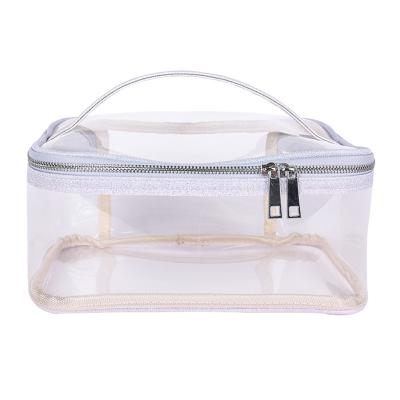 China Shiny Silver Logo Durable Custom PU Leather Frosted Clear Transparent Waterproof Cosmetic Bag Portable Travel Toiletry Makeup Bag for sale