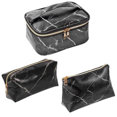 China Hot Selling 3pcs Durable Set Classic PU Makeup Pouch Organizer Waterproof Cosmetic Brush Black White Marble Leather Bag for sale