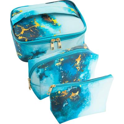 China SKY Blue 3pcs Fashion Durable Personal Eye-Catching Fresh Makeup Brush Holder Set Travel Makeup Storage Bag For Women for sale