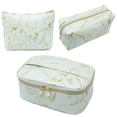 China 3PCS Durable Set Custom Logo Cosmetic Bag For Gift Toiletry Bag PU Gold Toiletry Bag Pouch White Marble Waterproof Leather Toiletry Bag for sale