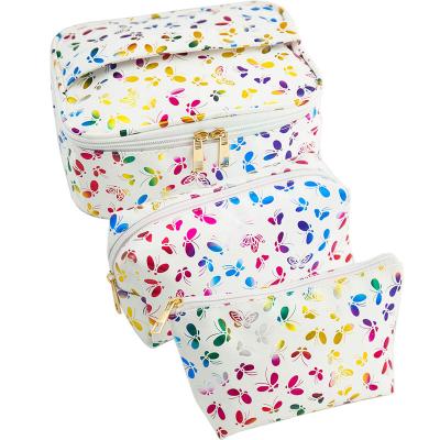 China Durable Summer Style 3pcs Set Colorful Butterfly Print Travel Makeup Bag Large Space Cosmetic Bag Make Up Bag For Women And Girls for sale