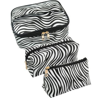 China Durable 3pc Sets Label Printing Stripes Zebra Multifunctional Cosmetic Bag Black/White Custom Makeup Bag With Handle For Fashion Women for sale