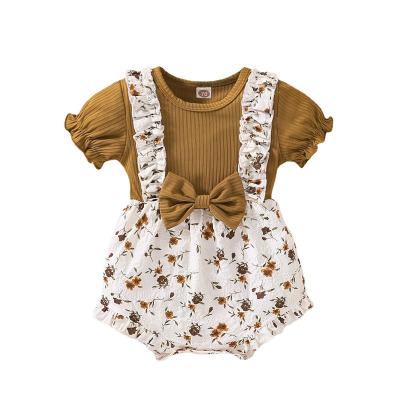 China Sleeveless Body Suite Babies Suits Floral Print Color Block Bowknot Jumpsuit Summer Shorts Sweet Sleeve Suits Triangle 1 Piece Suit for sale