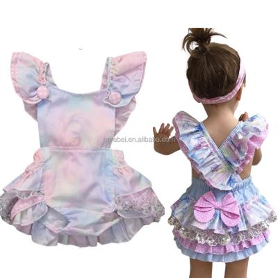 China Fly Sleeves Baby Ruffles Colorful Pink Tie Dye Romper Tutu Overall Flying Sleeve Jumpsuit Bow Cross Back Sunsuit Clothing Set for sale