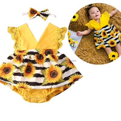 China Adorable One-Piece V-Neck Floral Print Lace Baby Sleeveless Sunflower Romper Dress With Headband Set Christmas Gift for sale